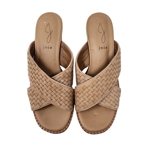 Joie Tan Criss Cross Woven Leather Peep Toe Block Heels Slip On Sandals Size 8 - Picture 3 of 10